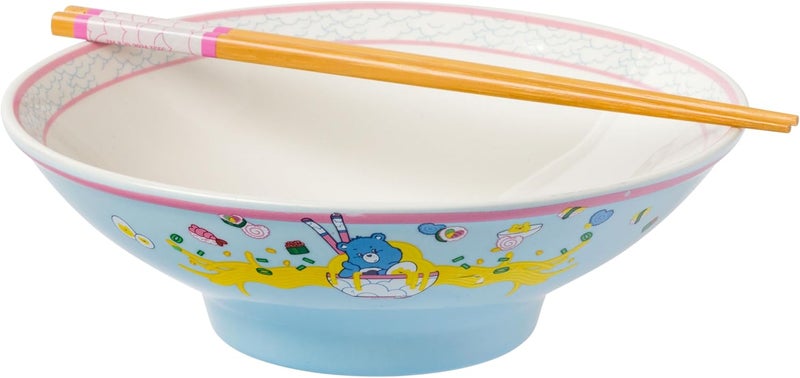 Silver Buffalo Care Bears Grumpy Bear Foodie Eating Sushi and Noodles Ceramic Ramen Noodle Rice Bowl with Chopsticks Microwave Safe 30 Ounces - Image 1