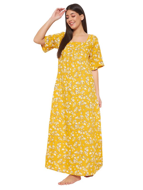 Clovia Women's Rayon Printed Long Night Dress (NS5203P02_Yellow_L) - Image 2