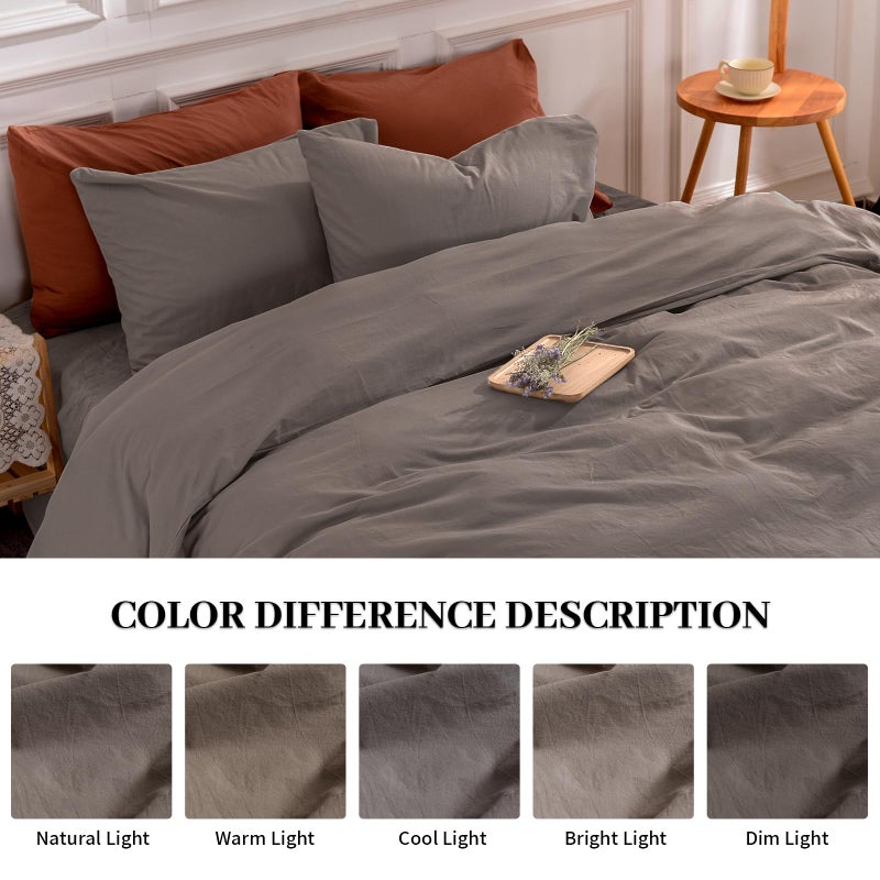 NEXHOME PRO مجموعة غطاء لحاف Nexhome Pro 100 ٪ من القطن المغسول Super King 108 "x98" "LONENT LONEN ORNEN ORGINIC LOOK 3 قطع الفراش مجموعة من الكتان الدافئ رماديًا مع إغلاق سحاب وناعم (بدون لزيمة) - Image 2