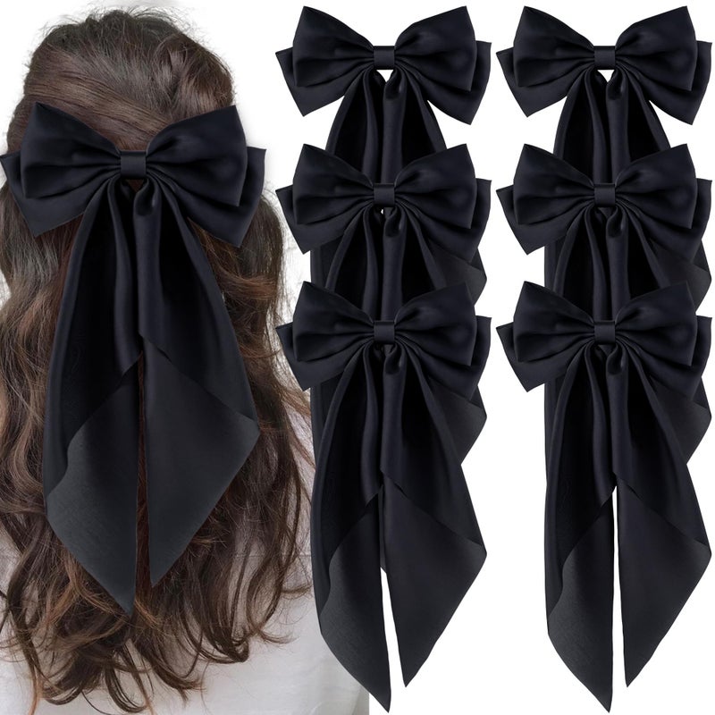 hisial 6Pcs Large Bows Hair Clips for Women Girls Long Tail Hair Ribbon Silky Satin Barrettes Coquette Hair Bows Accessories (Black) - Image 1