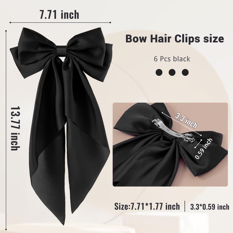 hisial 6Pcs Large Bows Hair Clips for Women Girls Long Tail Hair Ribbon Silky Satin Barrettes Coquette Hair Bows Accessories (Black) - Image 2