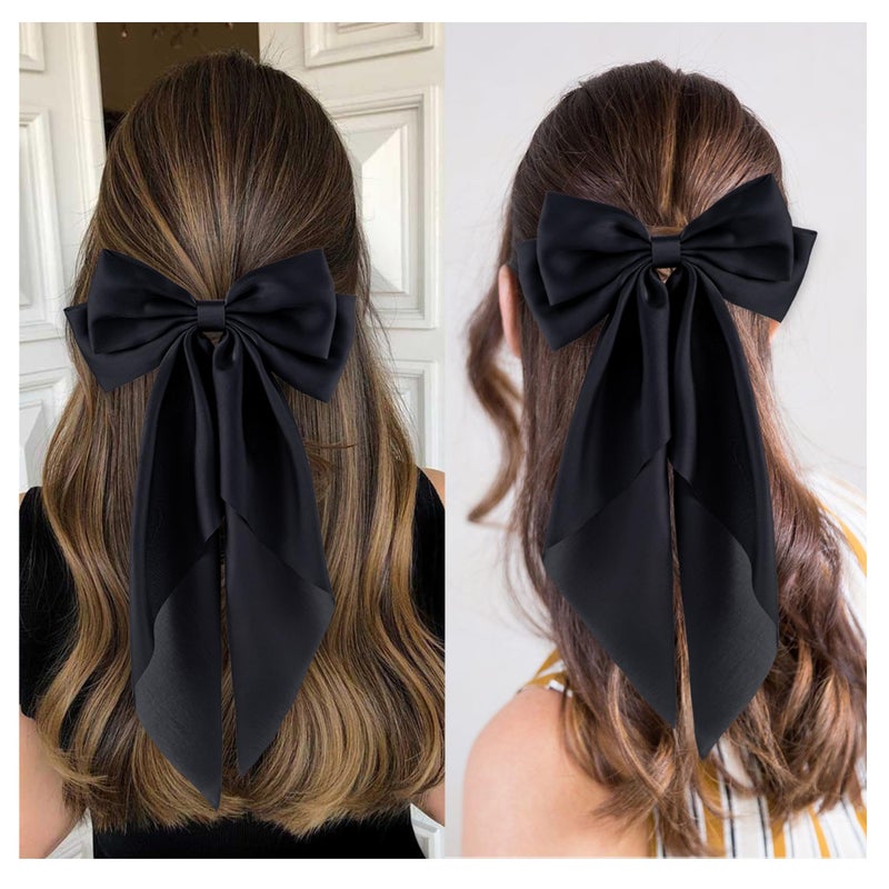 hisial 6Pcs Large Bows Hair Clips for Women Girls Long Tail Hair Ribbon Silky Satin Barrettes Coquette Hair Bows Accessories (Black) - Image 4