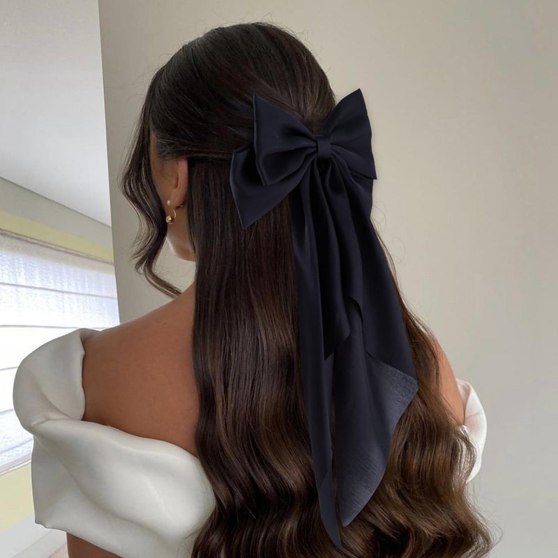 hisial 6Pcs Large Bows Hair Clips for Women Girls Long Tail Hair Ribbon Silky Satin Barrettes Coquette Hair Bows Accessories (Black) - Image 3