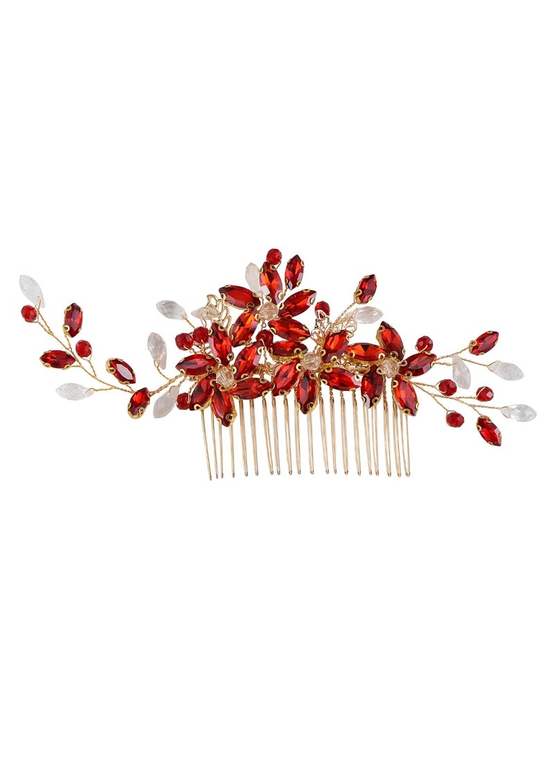 Alilang Alilang Red Crystal Rhinestone Bride Wedding Hair Comb Golden Leaf Bridal Hair Accessories 
