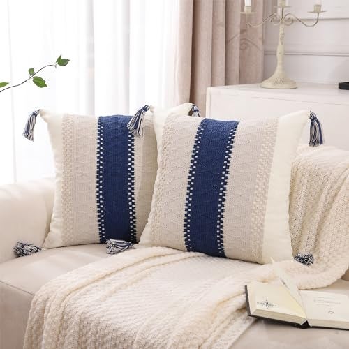 Tosleo Boho Navy Blue Striped Throw Pillow Covers 18x18 Set of 2 with Tassels Neutral Coastal Pillowcase Farmhouse Rustic Retro Cushion Case Bohemian Home Spring Decor for Wedding Bedroom Living Room