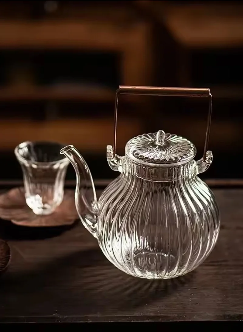 1Chase Borosilicate Ridged Glass Teapot With Copper Handle 600 ML