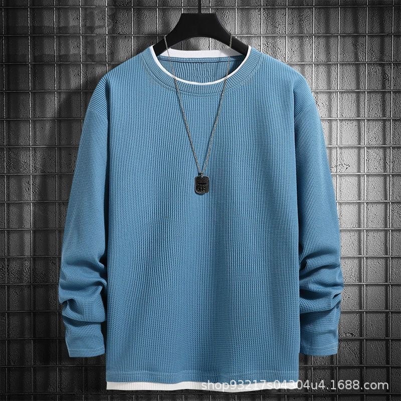 Fake Two-Piece Waffle Heavy Crewneck Long-Sleeved T-Shirt Men'S Solid Color All-Match Plus Size Men'S Base Shirt Trendy - Image 3