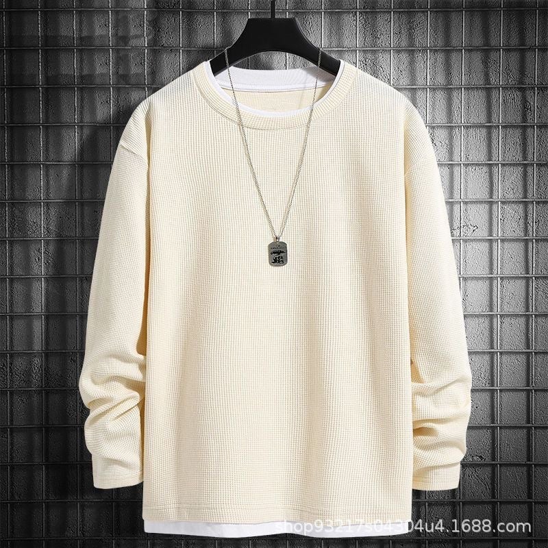 Fake Two-Piece Waffle Heavy Crewneck Long-Sleeved T-Shirt Men'S Solid Color All-Match Plus Size Men'S Base Shirt Trendy - Image 5