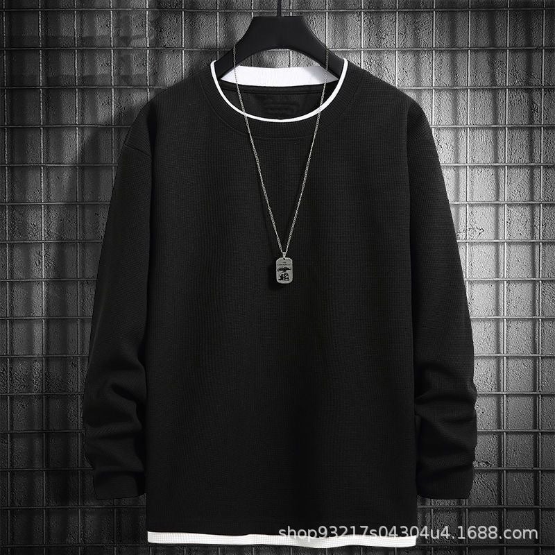 Fake Two-Piece Waffle Heavy Crewneck Long-Sleeved T-Shirt Men'S Solid Color All-Match Plus Size Men'S Base Shirt Trendy - Image 4