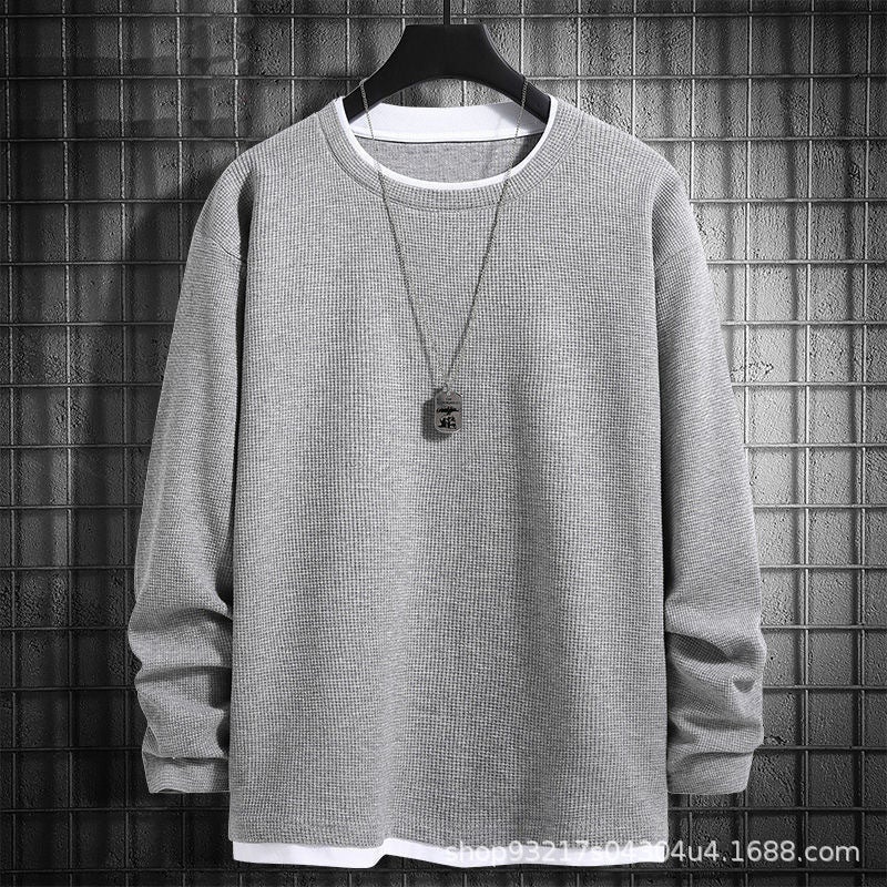 Fake Two-Piece Waffle Heavy Crewneck Long-Sleeved T-Shirt Men'S Solid Color All-Match Plus Size Men'S Base Shirt Trendy - Image 2