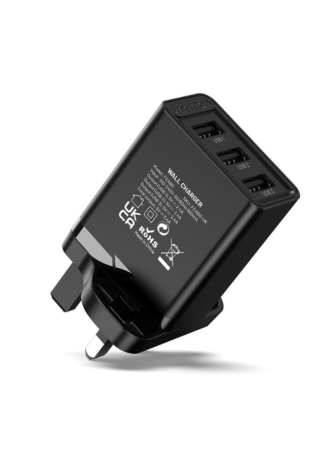 VENTION 3-port USB(A+A+A) Wall Charger(12W/12W/12W) UK-Plug Black Model # FEAB0-UK - Image 1