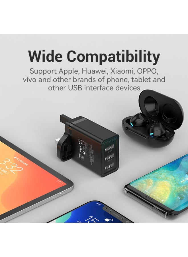 VENTION 3-port USB(A+A+A) Wall Charger(12W/12W/12W) UK-Plug Black Model # FEAB0-UK - Image 5