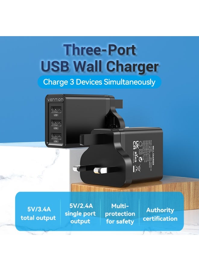 VENTION 3-port USB(A+A+A) Wall Charger(12W/12W/12W) UK-Plug Black Model # FEAB0-UK - Image 2