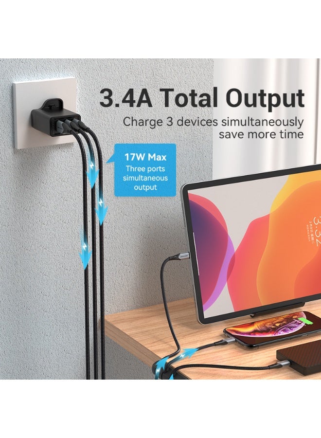 VENTION 3-port USB(A+A+A) Wall Charger(12W/12W/12W) UK-Plug Black Model # FEAB0-UK - Image 3
