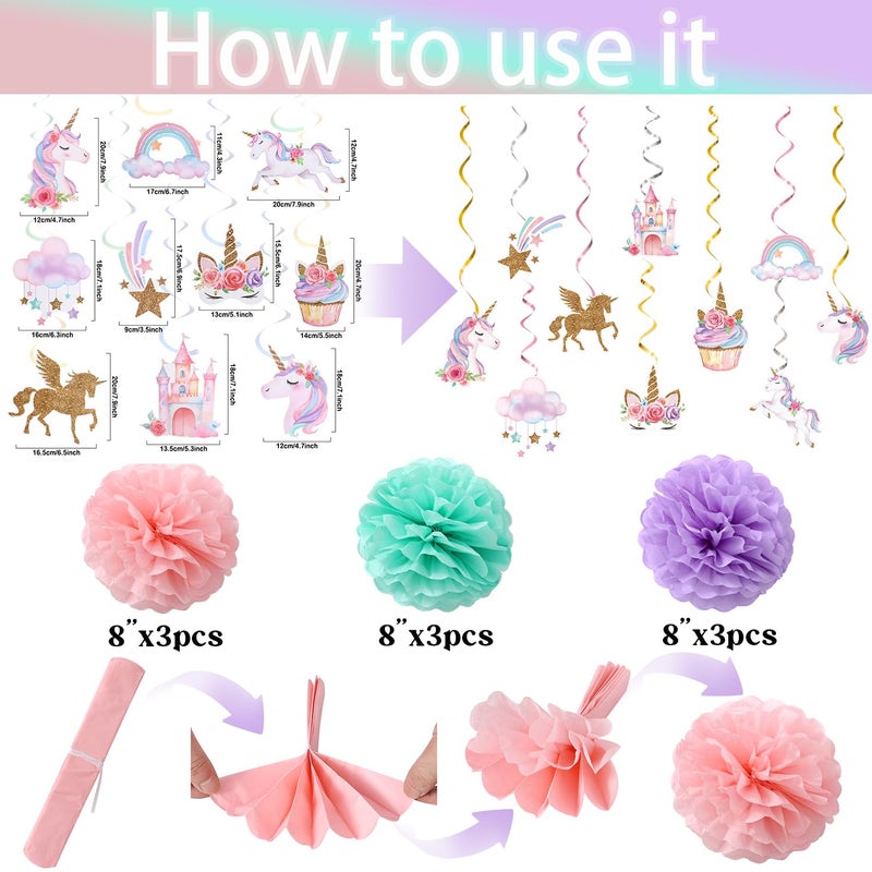 Tesochye Unicorn Birthday Decorations, Happy Birthday Banner,9pcs Tissue Paper Pom Poms,10pcs Hanging Swirls,Macaron Circle Dots Garland for Unicorn Party Decorations, Girls Bday Party Decorations - Image 3