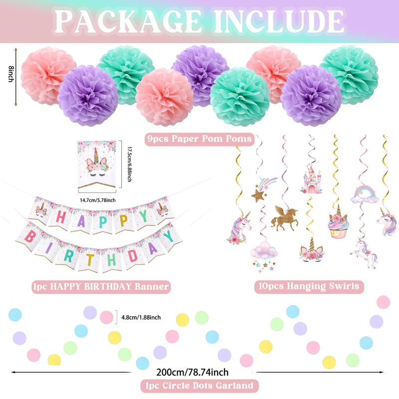Tesochye Unicorn Birthday Decorations, Happy Birthday Banner,9pcs Tissue Paper Pom Poms,10pcs Hanging Swirls,Macaron Circle Dots Garland for Unicorn Party Decorations, Girls Bday Party Decorations - Image 2