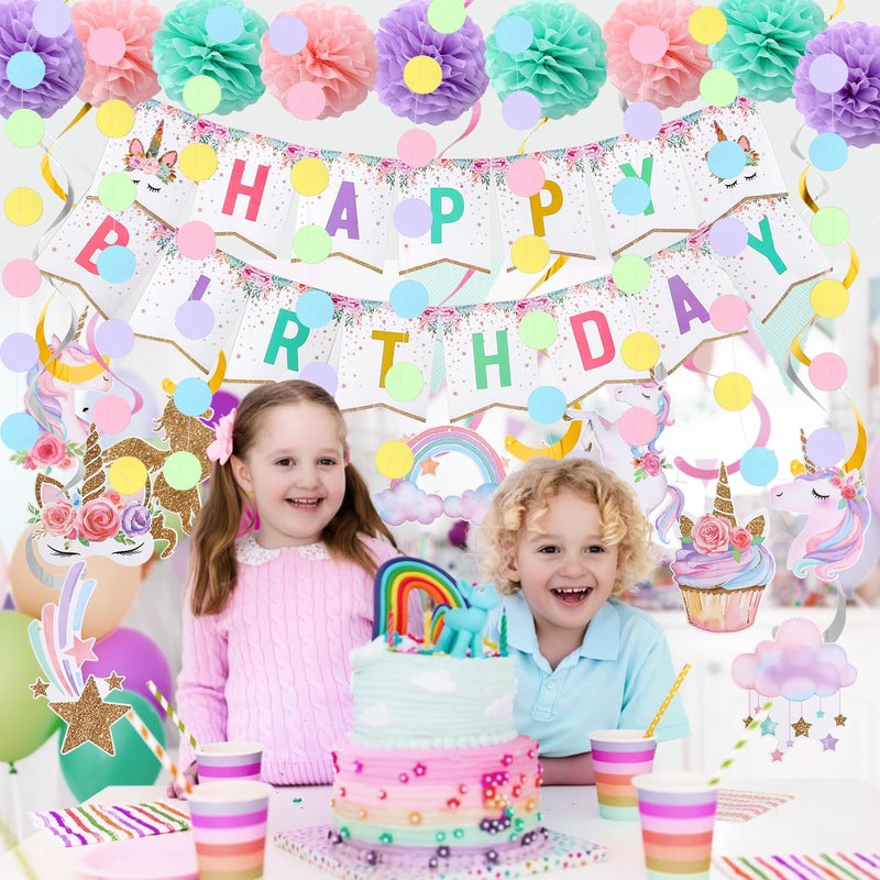 Tesochye Unicorn Birthday Decorations, Happy Birthday Banner,9pcs Tissue Paper Pom Poms,10pcs Hanging Swirls,Macaron Circle Dots Garland for Unicorn Party Decorations, Girls Bday Party Decorations - Image 4