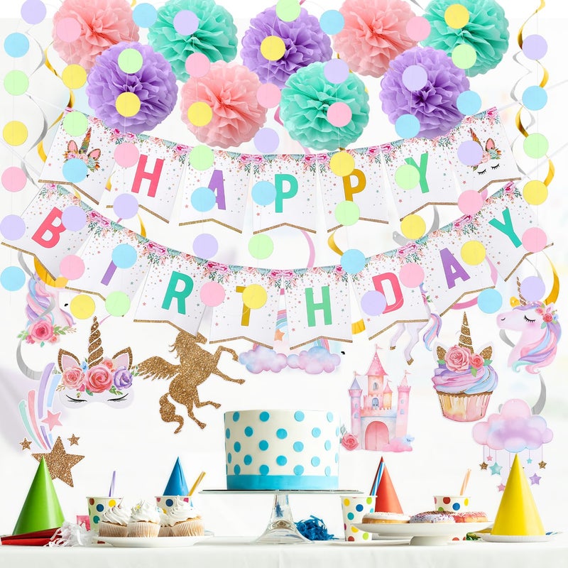 Tesochye Unicorn Birthday Decorations, Happy Birthday Banner,9pcs Tissue Paper Pom Poms,10pcs Hanging Swirls,Macaron Circle Dots Garland for Unicorn Party Decorations, Girls Bday Party Decorations - Image 5