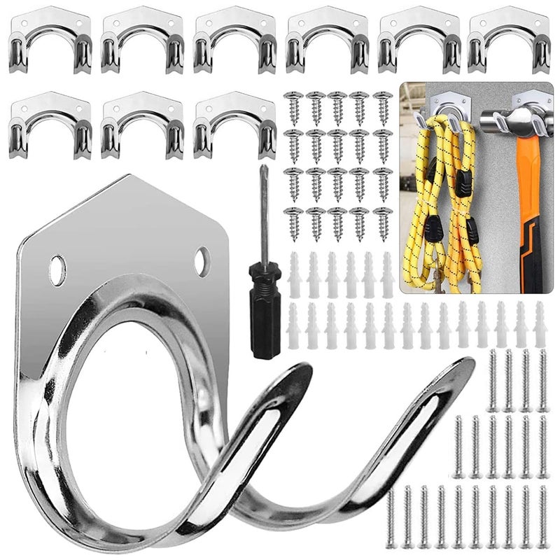Serplex 10Pcs Metal Hooks Wall Mount DualHook Wall Hooks with Screws Drywall Anchors Screwdriver Tool Multipurpose Wall Hooks for Wardrobe Garage Kitchen Bathroom Gardening - Image 1