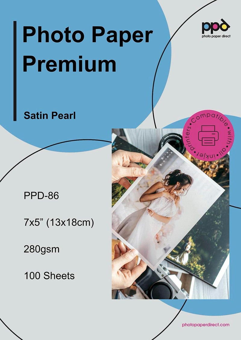 PPD Satin Photo Paper for Inkjet Printer, Premium Semi-Gloss Luster Finish 5 x 7 Size Sheets for Printable Photos, Thick 255 gsm 68 lbs 10.5 mil, White, Water Resistant & Instant Dry Prints (100 Pack) - Image 1