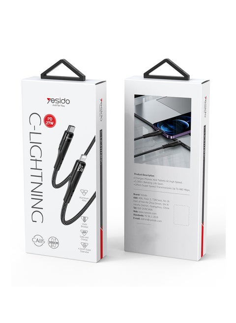 Yesido CA115 Data Cable 3M Type-C to Lightning Support Charging And Data Transmission PD 27W Fast Charging - Black