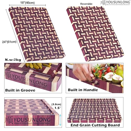 YOUSUNLONG Extra Large Cutting Board End Grain Purple Heart Wood - Thickened-Heavy Duty Butcher Block 24"L x 18"W x 1.5"Th w/Juice Groove and Handle - Serving Tray for Meat & Cheese,Brisket Board - Image 2