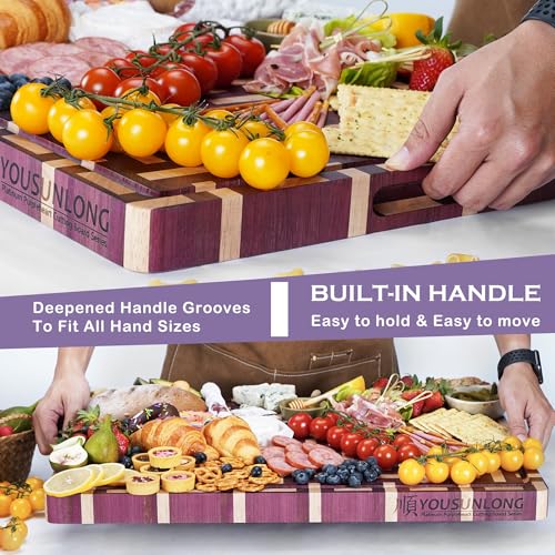 YOUSUNLONG Extra Large Cutting Board End Grain Purple Heart Wood - Thickened-Heavy Duty Butcher Block 24"L x 18"W x 1.5"Th w/Juice Groove and Handle - Serving Tray for Meat & Cheese,Brisket Board - Image 4