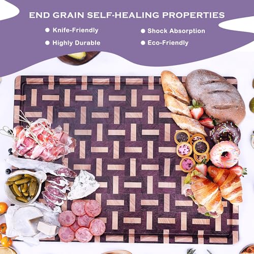 YOUSUNLONG Extra Large Cutting Board End Grain Purple Heart Wood - Thickened-Heavy Duty Butcher Block 24"L x 18"W x 1.5"Th w/Juice Groove and Handle - Serving Tray for Meat & Cheese,Brisket Board - Image 5