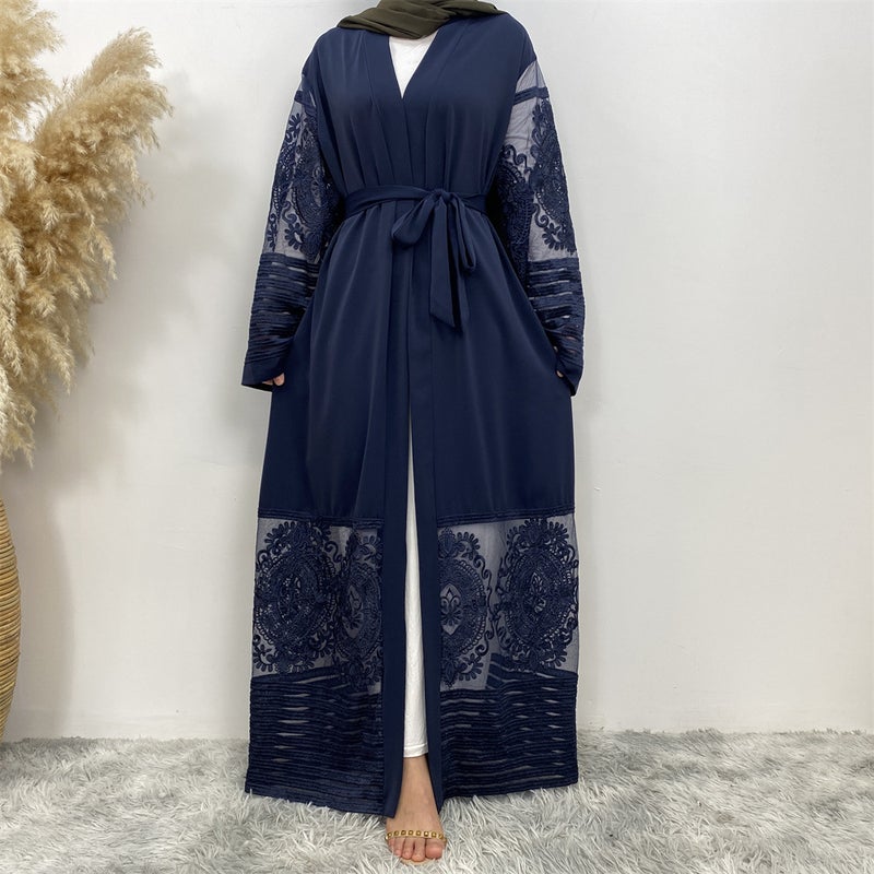Women's Embroidered Lace Fashion Cardigan - Casual Summer Open Abaya