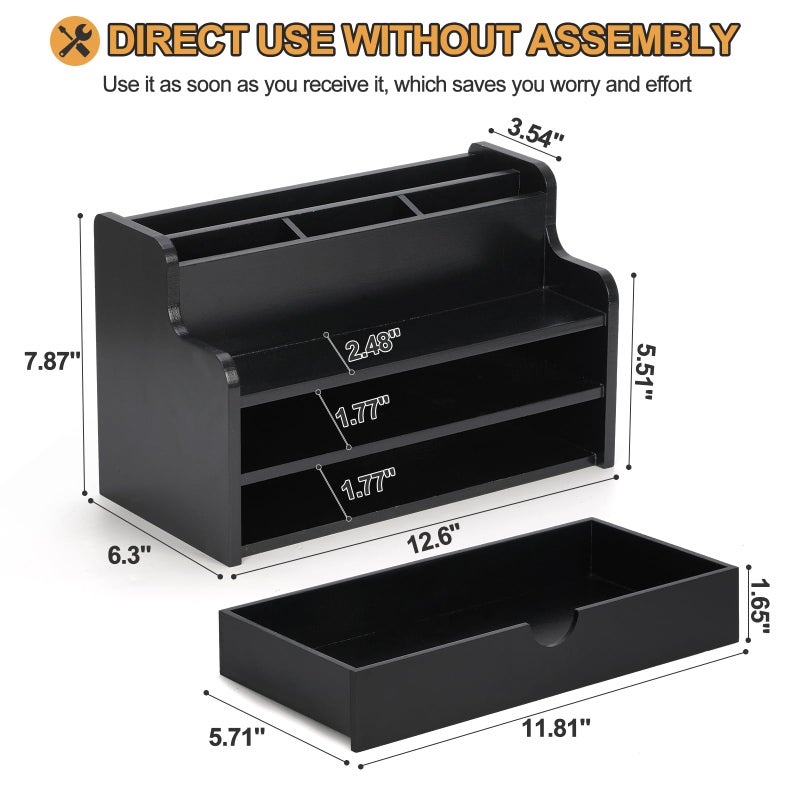 Dhmkfly Mail Organizer Countertop, 4 Slots Desk Organizer with Drawer and Shelf, Wooden Mail Sorter for Desk, Desktop File Holders for Storage Pens, Envelopes and Bills - Image 2