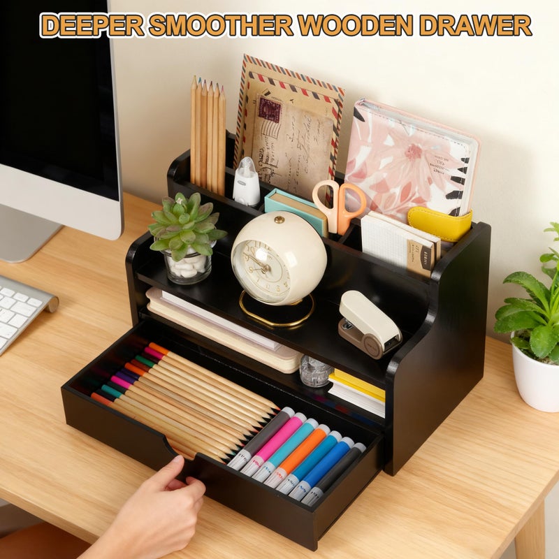 Dhmkfly Mail Organizer Countertop, 4 Slots Desk Organizer with Drawer and Shelf, Wooden Mail Sorter for Desk, Desktop File Holders for Storage Pens, Envelopes and Bills - Image 3