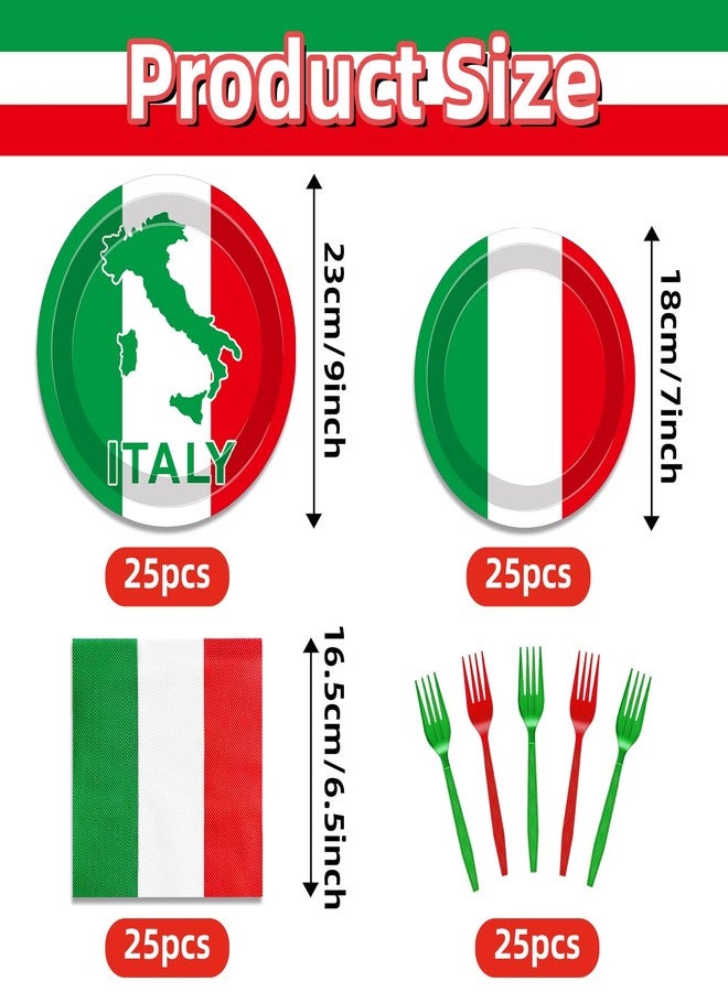 Geodurn 100 PCS Italian Party Supplies Set - Italy Flag Disposable Tableware with Plates, Napkins and Forks, Serves 25 for Italian Themed Parties, National Day & Sports Cultural Events - Image 2