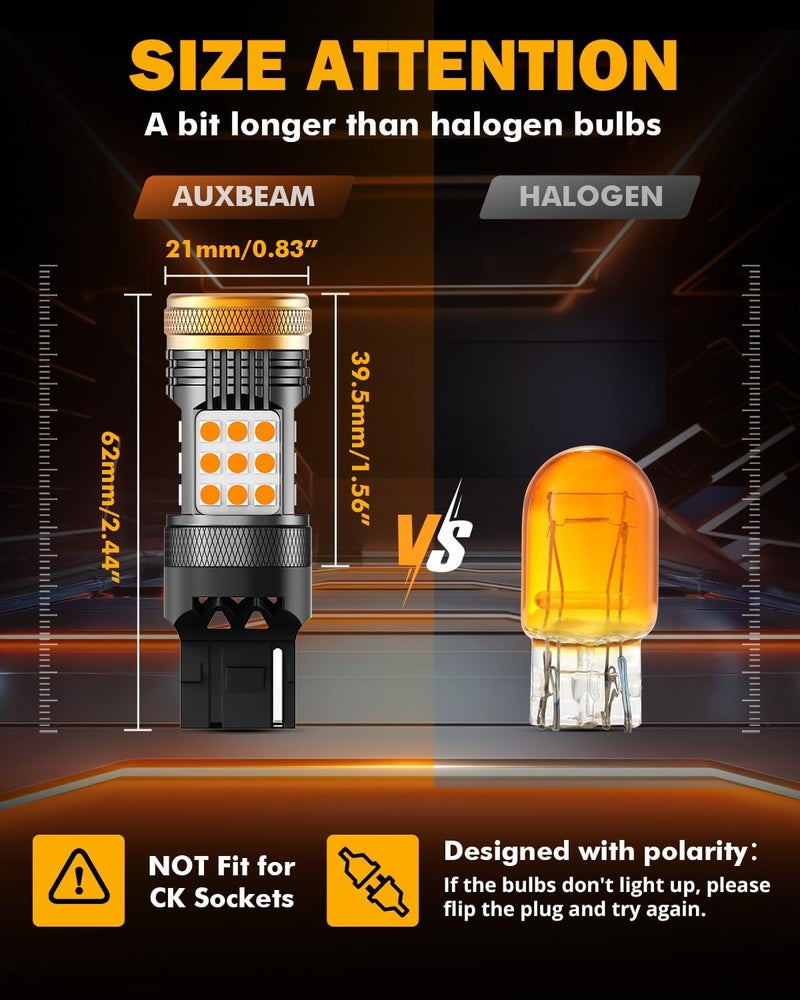 Auxbeam مصابيح LED من سلسلة Auxbeam B21 7440 - أصفر كهرماني، مقاوم مدمج، خالي من أخطاء CANBUS، مضاد لوميض هايبر، ضوء إشارة دوران فائق السطوع 600% - Image 4