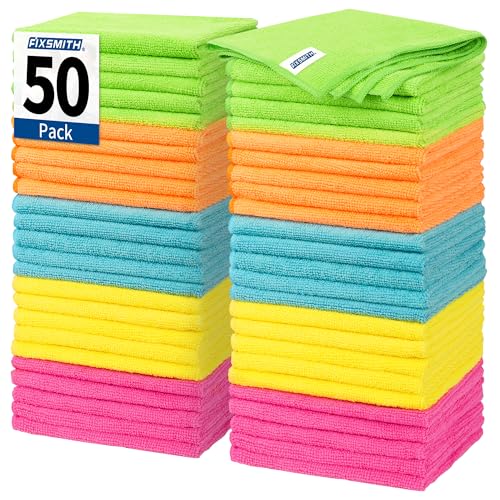 FIXSMITH Microfiber Cleaning Cloth, 50 Pack Cleaning Rags, Cleaning Towels for Housekeeping, Kitchen, Car, Lint-Free, Reusable Shop Towels with 5 Colors (Green/Blue/Yellow/Orange/Pink), 12"X12" - Image 1