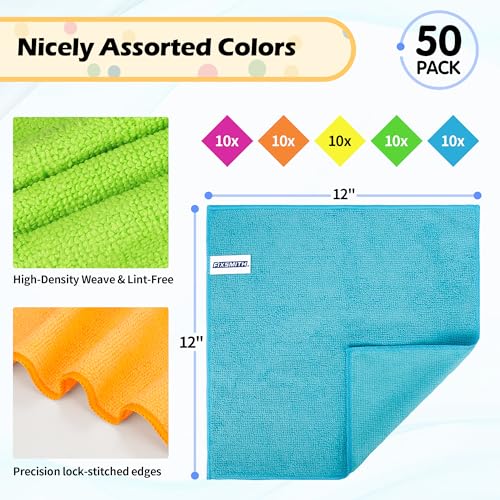 FIXSMITH Microfiber Cleaning Cloth, 50 Pack Cleaning Rags, Cleaning Towels for Housekeeping, Kitchen, Car, Lint-Free, Reusable Shop Towels with 5 Colors (Green/Blue/Yellow/Orange/Pink), 12"X12" - Image 2