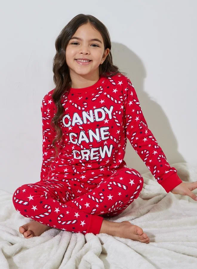 Styli Girls Red All Over Print Sweatshirt and Cuffed Pants Pyjama Set