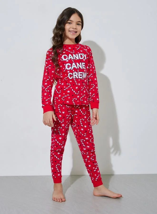 Styli Girls Red All Over Print Sweatshirt and Cuffed Pants Pyjama Set