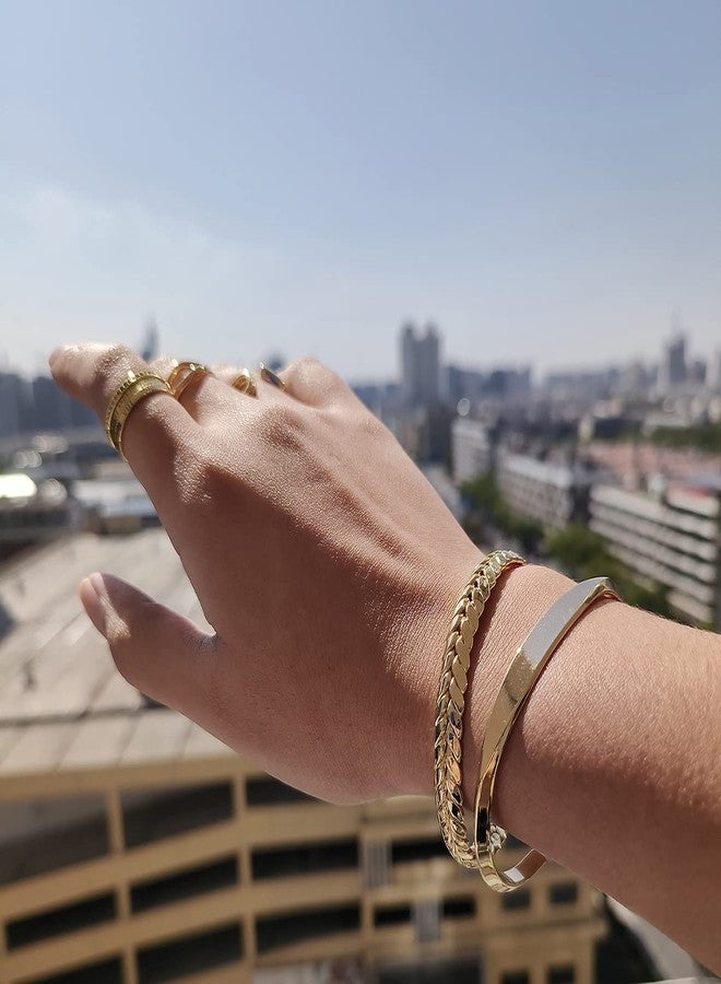 PEARLADA 18k Gold Open Bangle Bracelet, Polished Plain Flat Cuff Bracelet, Chunky Layered Bracelets for Women Adjustable - Image 3