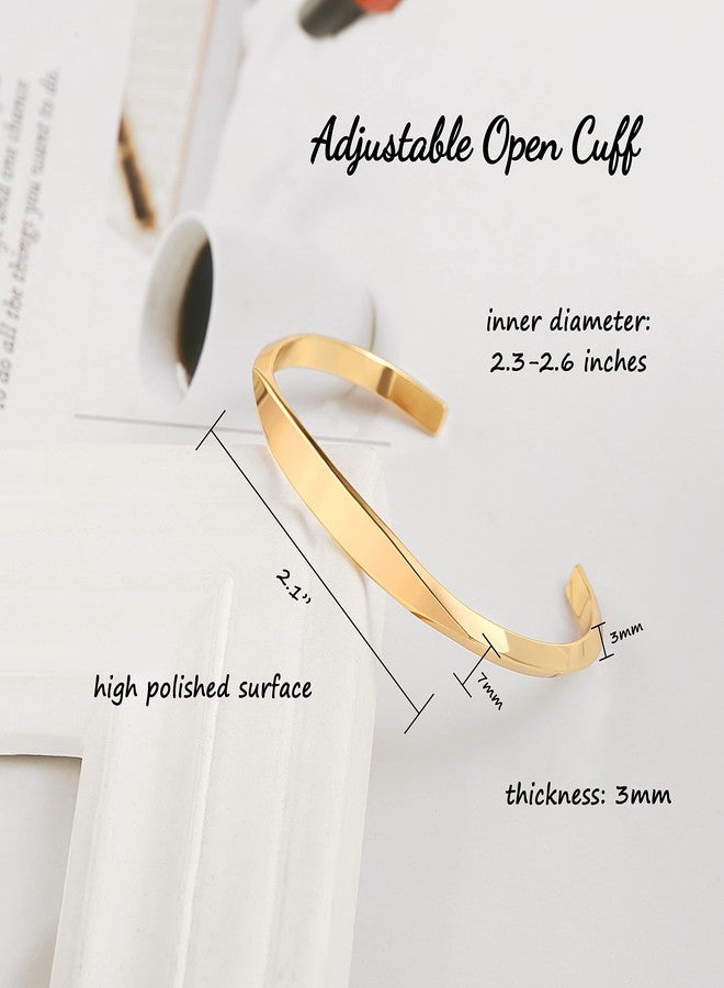 PEARLADA 18k Gold Open Bangle Bracelet, Polished Plain Flat Cuff Bracelet, Chunky Layered Bracelets for Women Adjustable - Image 4