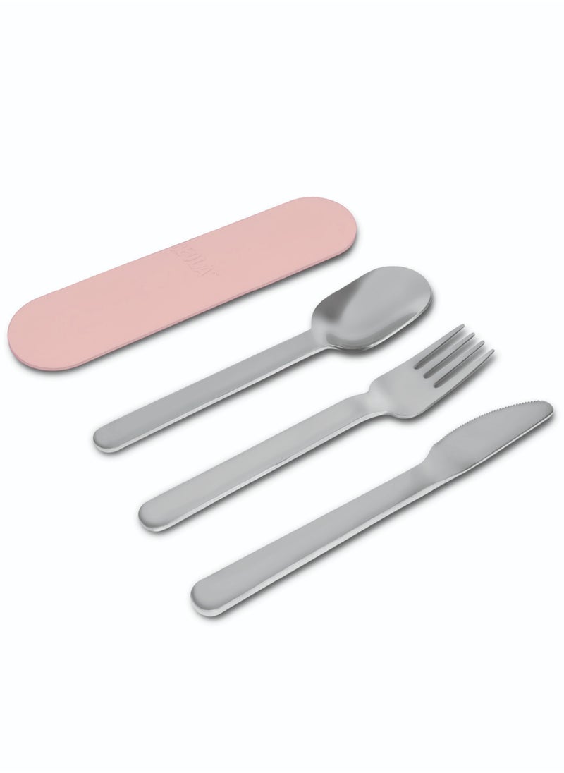 BEOLA Stainless Steel Cutlery Set, Travel Utensils Set with Silicone Case Pouch, Fork Spoon Knife Camping Set, Cutlery Set for Kids School, Set of 4 (Blush Pink)  - Image 2