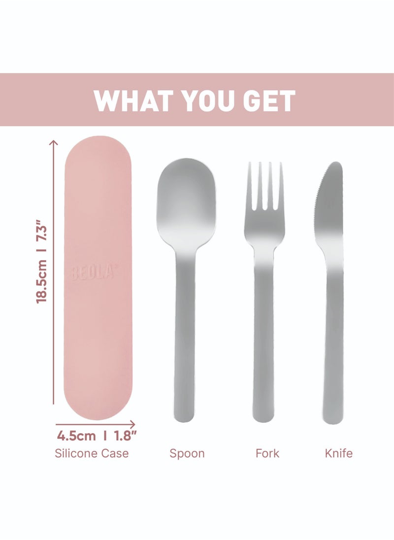 BEOLA Stainless Steel Cutlery Set, Travel Utensils Set with Silicone Case Pouch, Fork Spoon Knife Camping Set, Cutlery Set for Kids School, Set of 4 (Blush Pink)  - Image 3