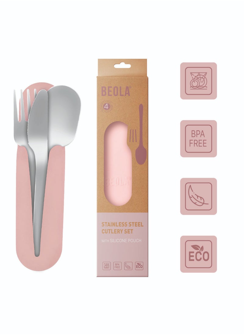 BEOLA Stainless Steel Cutlery Set, Travel Utensils Set with Silicone Case Pouch, Fork Spoon Knife Camping Set, Cutlery Set for Kids School, Set of 4 (Blush Pink)  - Image 4