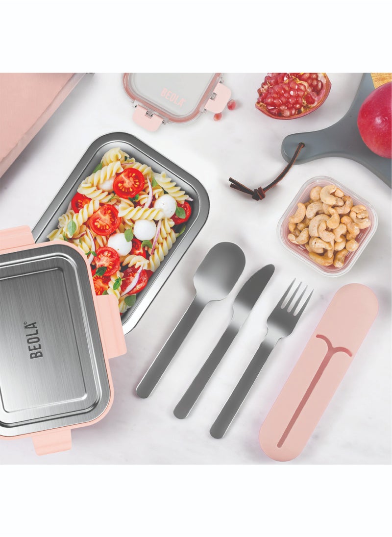 BEOLA Stainless Steel Cutlery Set, Travel Utensils Set with Silicone Case Pouch, Fork Spoon Knife Camping Set, Cutlery Set for Kids School, Set of 4 (Blush Pink)  - Image 5
