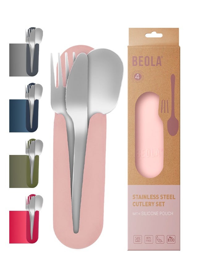 BEOLA Stainless Steel Cutlery Set, Travel Utensils Set with Silicone Case Pouch, Fork Spoon Knife Camping Set, Cutlery Set for Kids School, Set of 4 (Blush Pink)  - Image 1