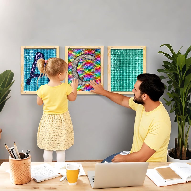 Wibeelee 3 Pcs Flip Sequin Fabric Wood Frame Wall Panel, Sensory Toy Reversible Sequin Flip Fabric Mat with Wood Frame, Interactive Sensory Board for Play & Learning, Wall Hangings Decoration, - Image 3