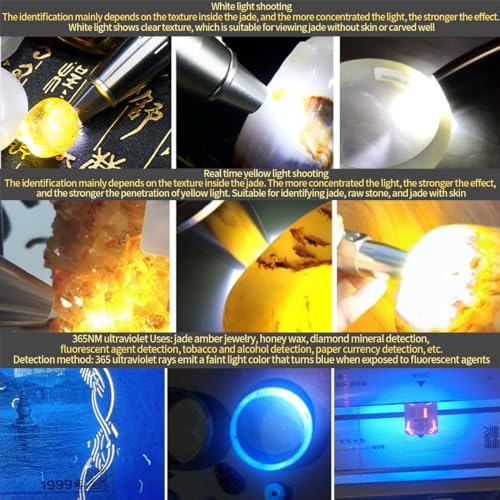 YZYOE Ultra Bright Jade Recognition Flashlight, Outdoor Gemstone Mineral Detection Light with Charge Display, Enhanced 365nm UV Black Mirror Black Light Pen, White Lights, Yellow Lights, red lamp. - Image 2