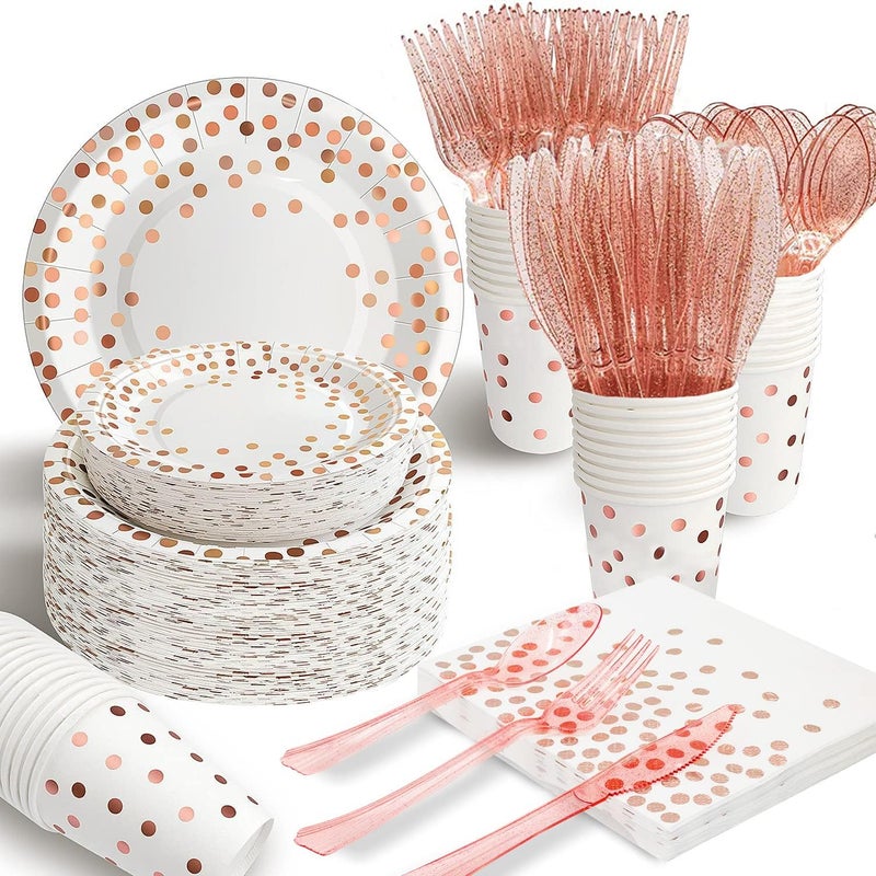 AIRE 350PCS White Rose Gold Party Supplies, Bulk Disposable Dinnerware Set Serves 50, Heavy Duty Paper Plates & Plastic Cutlery Forks Knives Spoons for Wedding, Engagement, Large Event - Image 1