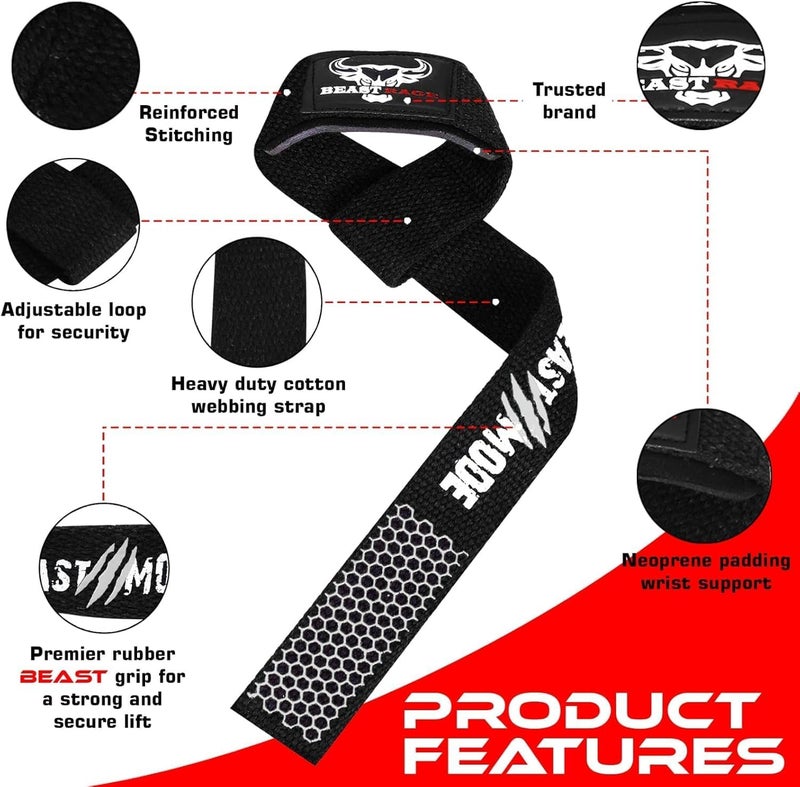 BEAST RAGE Weight Lifting Straps Fitness Padded Cotton Wrist Support Gel Advanced Grips Dumbbell Bar Wraps Heavy Duty Gym Bodybuilding Straps Power Deadlift Barbells Non Slip Exercise - Image 2