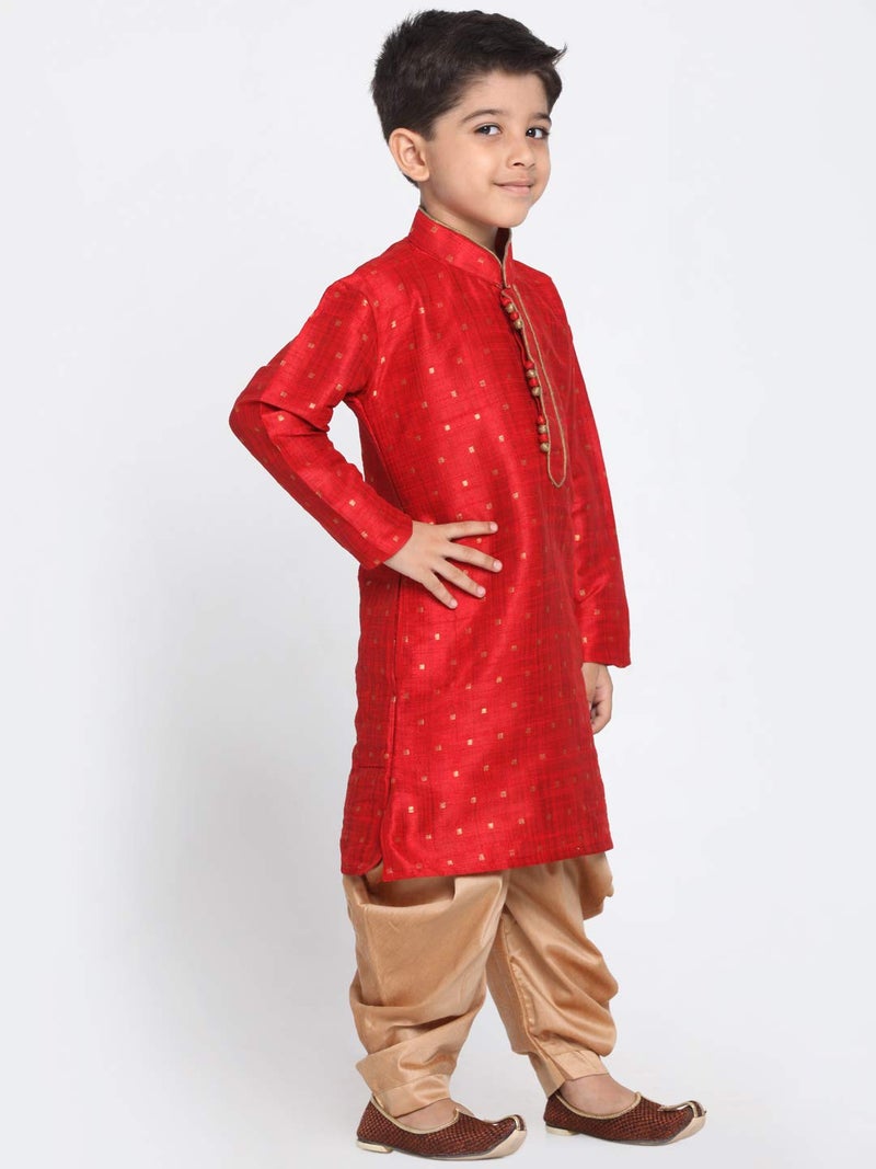 JBN Creation Boys' Maroon and Rose Gold Silk Blend Kurta and Dhoti Pant Set – Perfect for Onam Festival Celebrations, Cultural Events & South Indian Outfit - Image 3