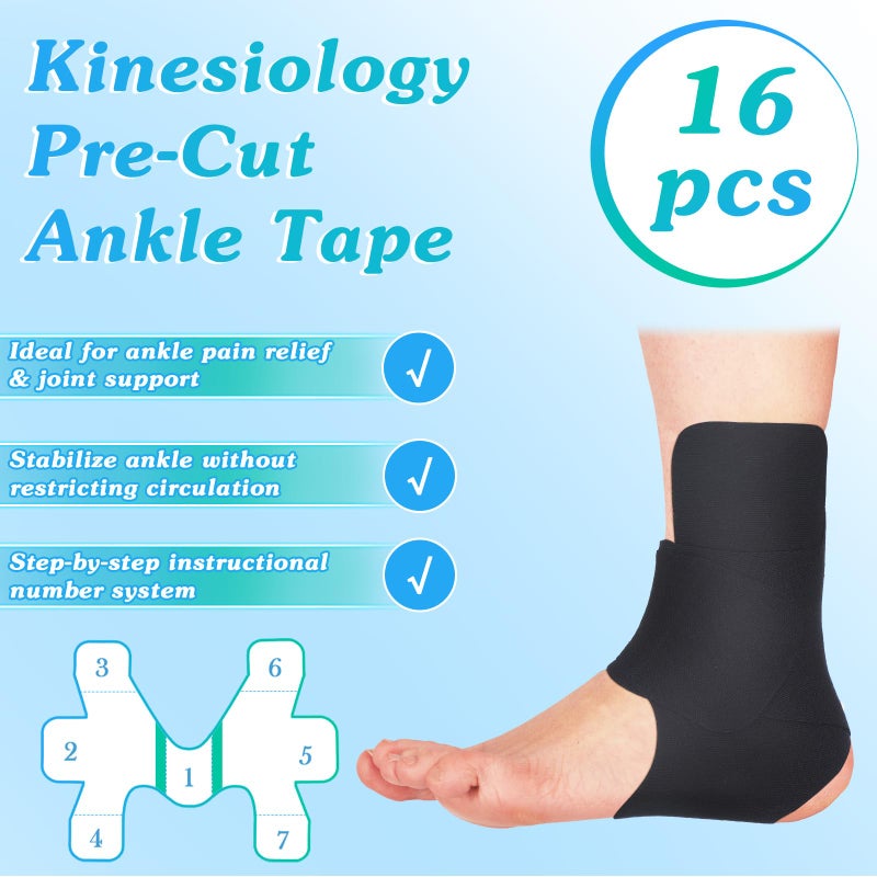Anglechic 16 Pcs Precut Kinesiology Tape for Ankle Cotton Breathable Elastic Athletic Tape Pain Relief Minimize Ankle Sprain Provides Support and Stability for Ligament and Muscle Marathon Use(Black) - Image 5